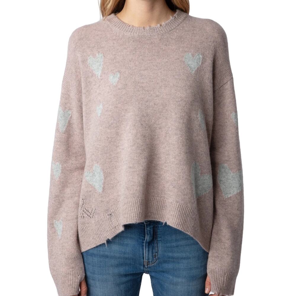 Zadig & Voltaire Marcus Heart Destroyed Pink Cashmere Sweater Small NWT